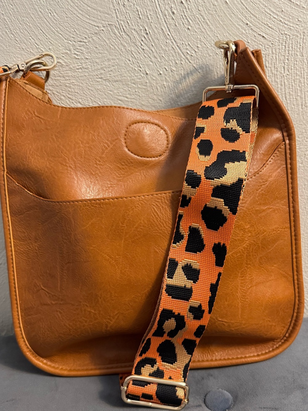 Camel Vegan Leather Crossbody with Leopard-Print Strap